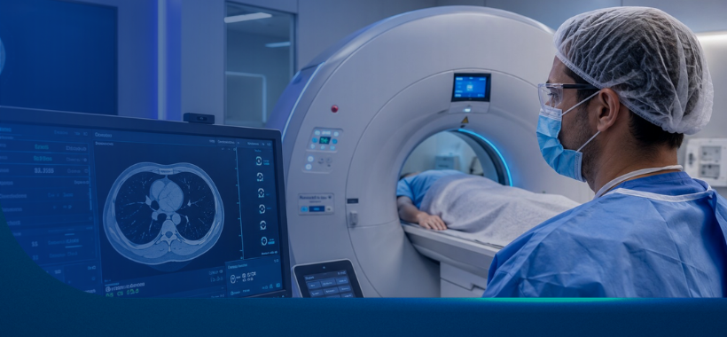 Profissional de saúde operando tomógrafo em sala de exames — proteção com nobreak online NHS