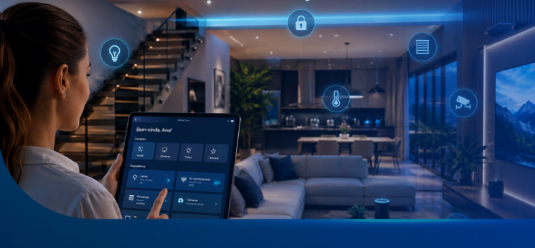 Mulher controlando casa inteligente por tablet — nobreak NHS para automação residencial e IoT