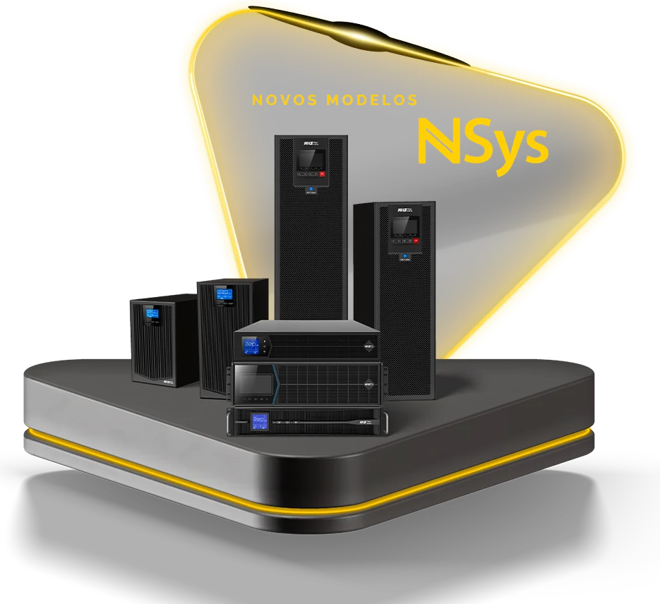 Linha NSys em versões torre e rack sobre base, com selo Novos Modelos
